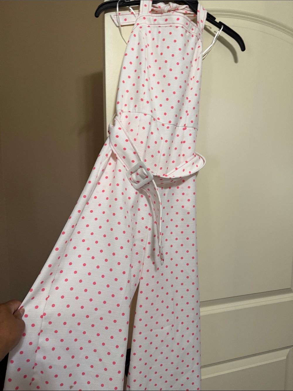 GB women White Jumpsuit with Pink Polka Dots and Belt